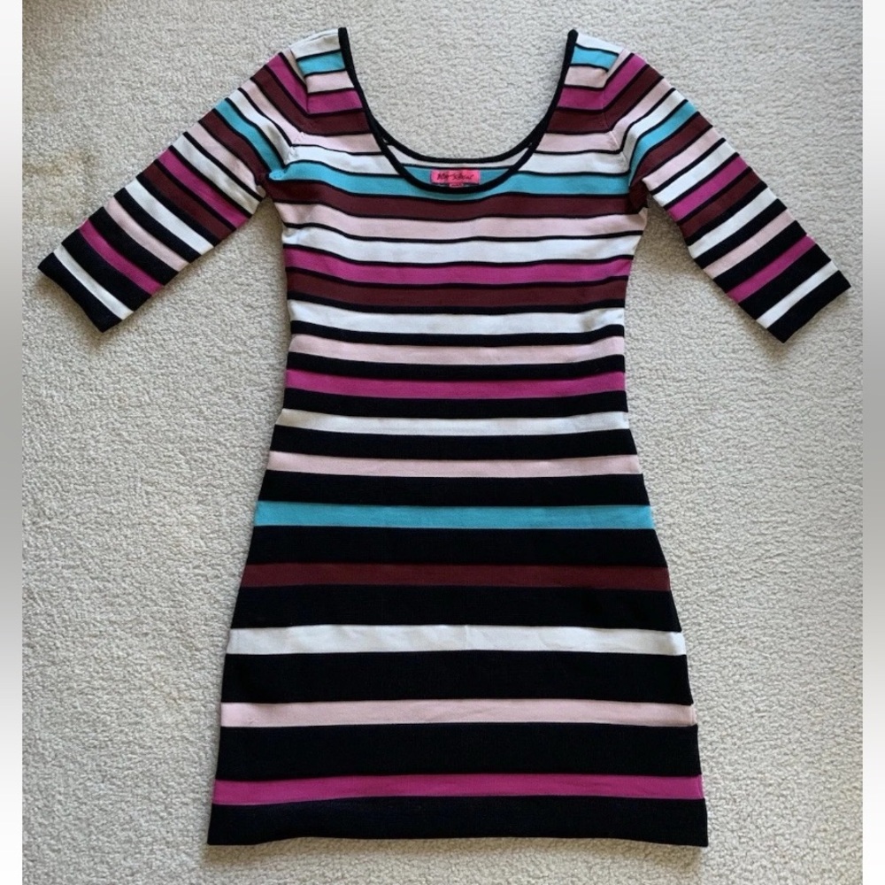 Betsey Johnson Striped Bodycon Knit Dress 90s Y2K Sz 10 Black Multi Color Party